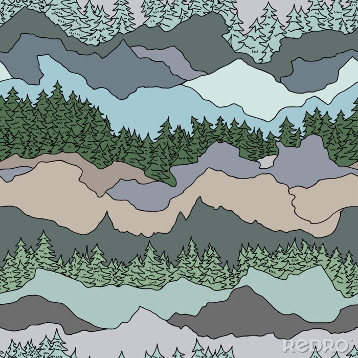 Behang naadloze patroon met bomen en bergen
