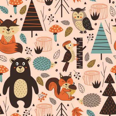 Behang naadloze patroon met bos dieren op roze achtergrond Scandinavische stijl - vectorillustratie, eps