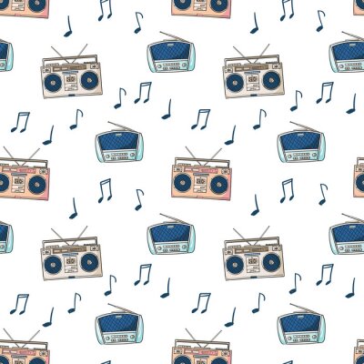 Behang Naadloze patroon met cassetterecorder voor audiocassettes en radio, notities cartoon stijl