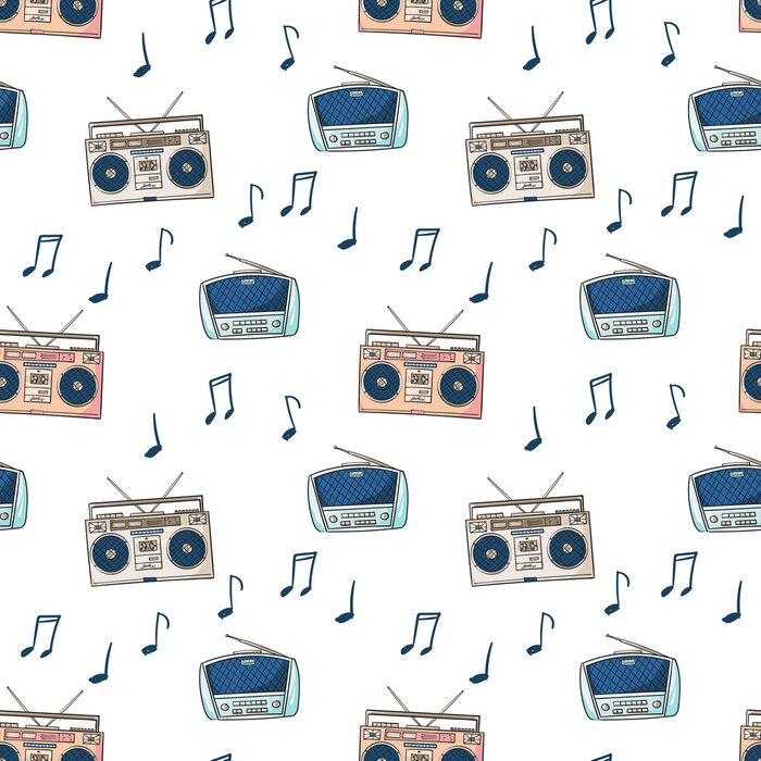 Behang Naadloze patroon met cassetterecorder voor audiocassettes en radio, notities cartoon stijl