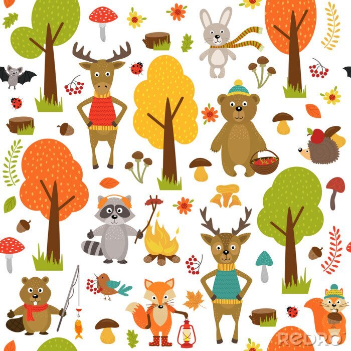 Behang naadloze patroon met de dieren van het bos op een witte achtergrond-vector illustratie, eps