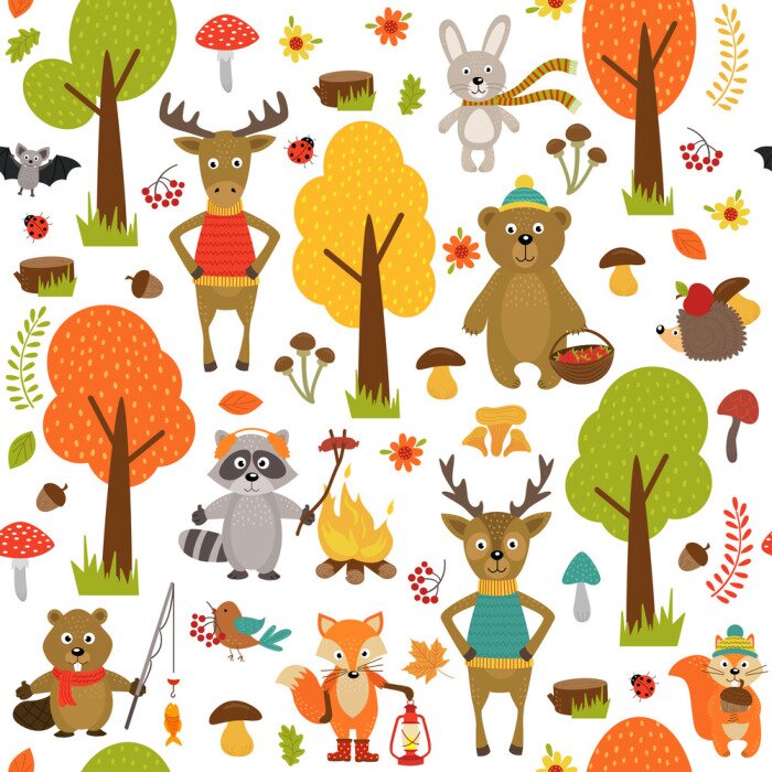 Behang naadloze patroon met de dieren van het bos op een witte achtergrond-vector illustratie, eps