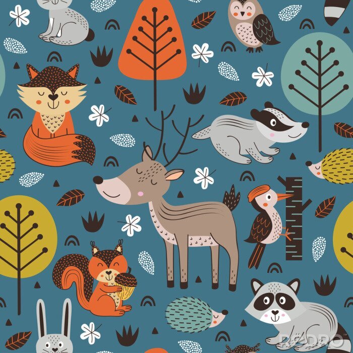 Behang naadloze patroon met dieren in het bos op blauwe achtergrond Scandinavische stijl - vectorillustratie, eps