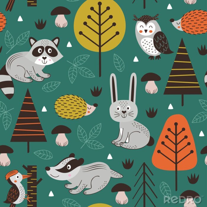 Behang naadloze patroon met dieren in het bos op groene achtergrond Scandinavische stijl - vectorillustratie, eps