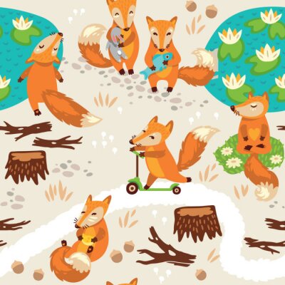 Behang Naadloze patroon met kleine leuke vossen. Achtergrond beeldverhaal