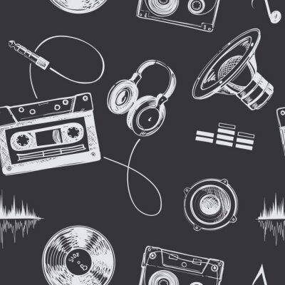 Behang Naadloze Patroon Met Krabbel Muziek Uitrusting En Toebehoren Op Zwarte Achtergrond