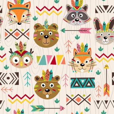 Behang Naadloze patroon met stammen dieren gezichten - vector illustratie, eps