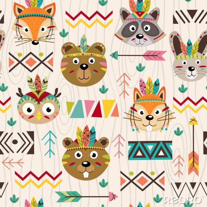 Behang Naadloze patroon met stammen dieren gezichten - vector illustratie, eps