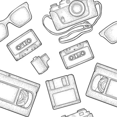 Behang Naadloze patroon retro technologie-object. Vintage vector zwarte gravure illustratie