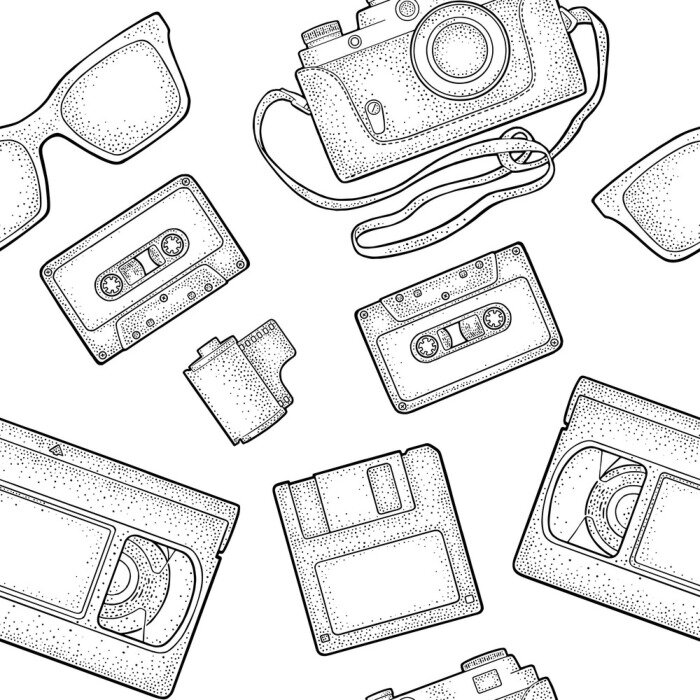 Behang Naadloze patroon retro technologie-object. Vintage vector zwarte gravure illustratie