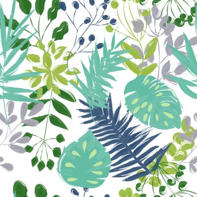 Behang naadloze patroon van blauwe en groene planten op een witte achtergrond