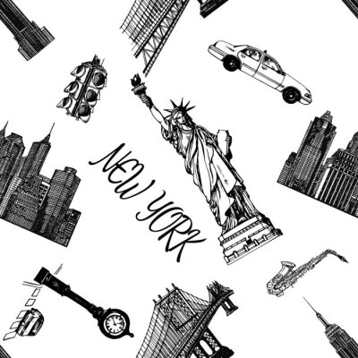 Behang Naadloze patroon van hand getrokken schets stijl New York thema geïsoleerde objecten. Vector illustratie.