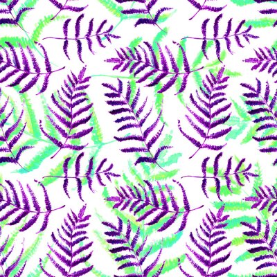 Behang Naadloze realistische aquarel groen patroon. Hand getrokken Fern bladeren en takken afdrukken. Zomer, lente bos kruiden, planten textuur. Gebladerte in vintage stijl. Natuur Eco-vriendelijk concept. T