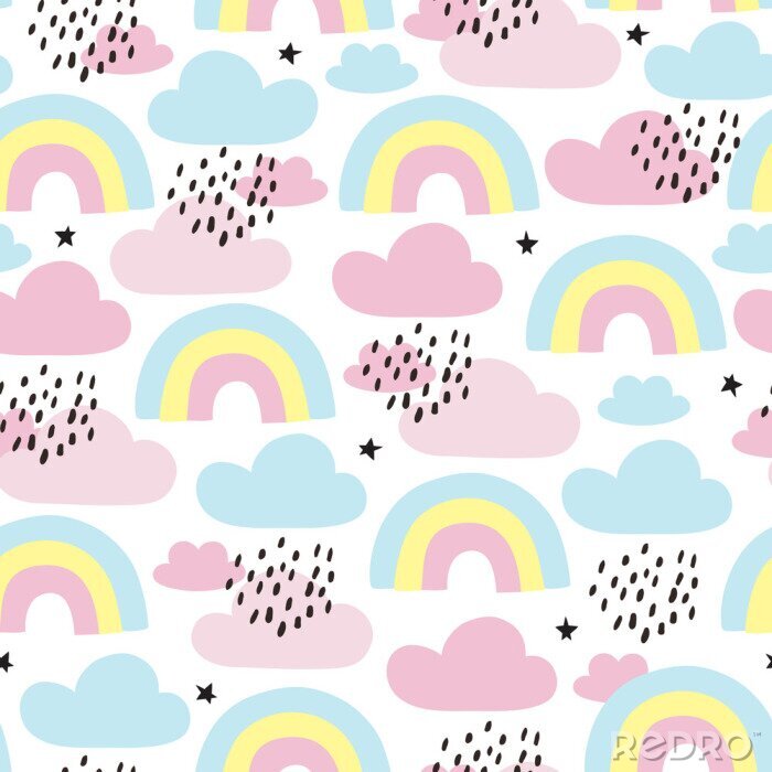 Behang naadloze regenbogen en wolken patroon vector illustratie