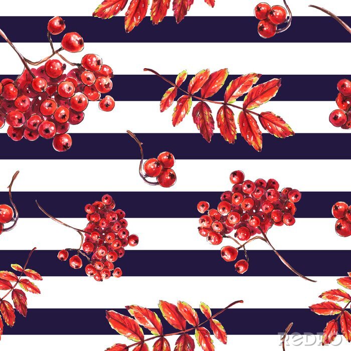 Behang Naadloze rode Rowanbessen op gestreepte achtergrond