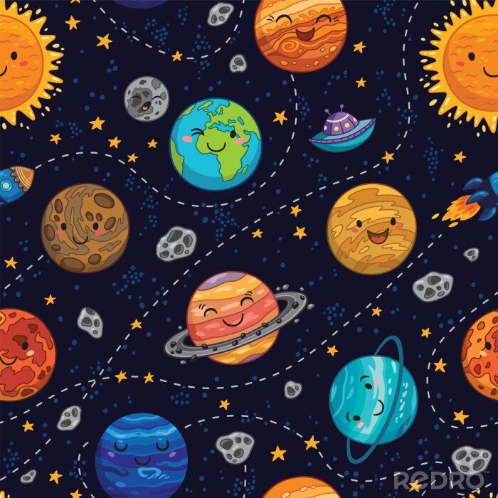Behang Naadloze ruimte patroon achtergrond met planeten, sterren en kometen.