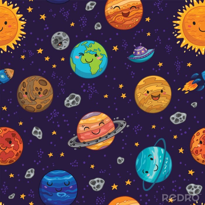 Behang Naadloze ruimte patroon achtergrond met planeten, sterren en kometen.