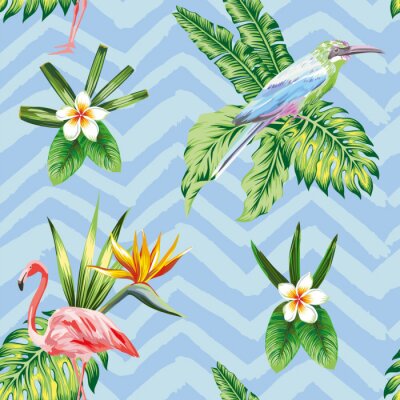 Behang Naadloze samenstelling van tropische vogel bloemen en planten blauwe zigzag achtergrond