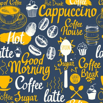 Behang Naadloze schets achtergrond. Hot drankenkaart. Vector illustratie patroon met kop, koffiezetapparaat, bonen, lepel, labels.