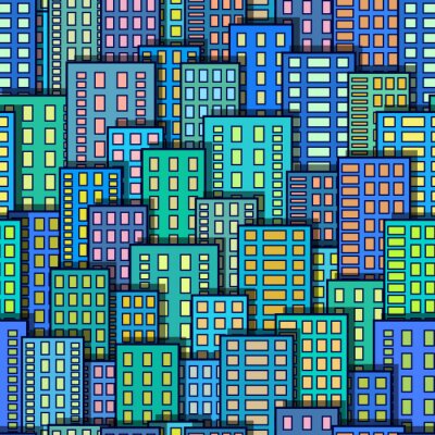 Behang Naadloze stedelijke achtergrond, abstracte kleurrijke stad, wolkenkrabbers met gloeiende ramen, tegel patroon voor uw ontwerp. Eps10, bevat transparanten. Vector