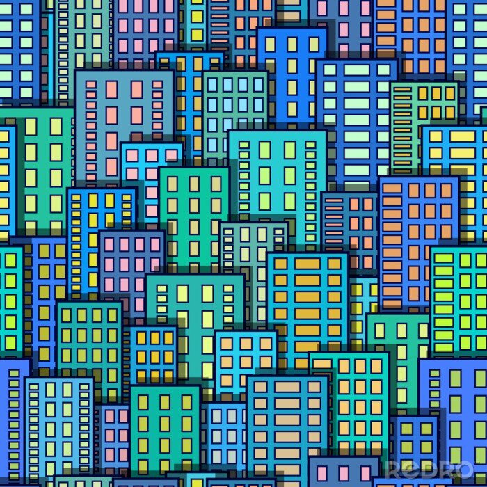 Behang Naadloze stedelijke achtergrond, abstracte kleurrijke stad, wolkenkrabbers met gloeiende ramen, tegel patroon voor uw ontwerp. Eps10, bevat transparanten. Vector