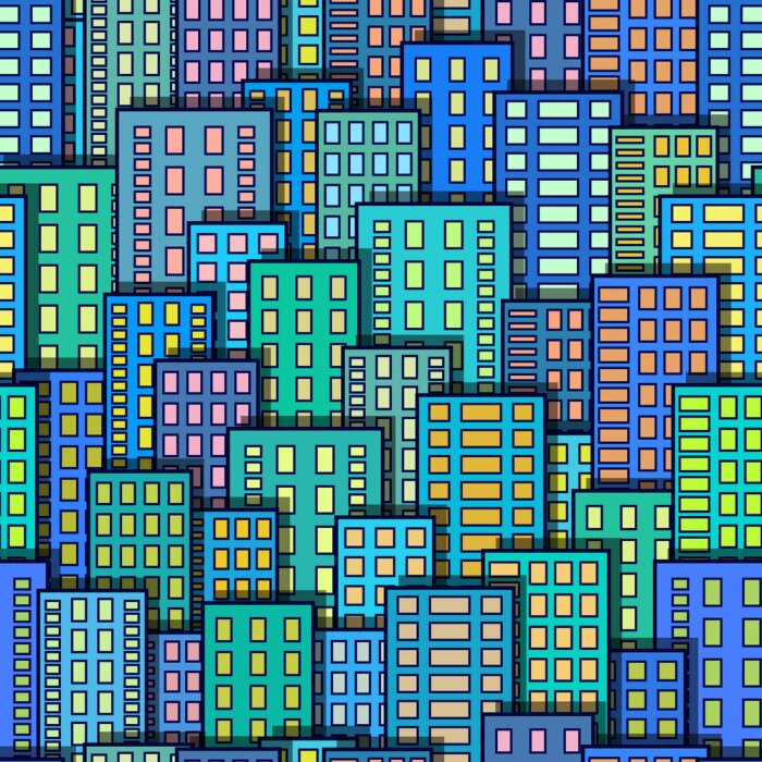 Behang Naadloze stedelijke achtergrond, abstracte kleurrijke stad, wolkenkrabbers met gloeiende ramen, tegel patroon voor uw ontwerp. Eps10, bevat transparanten. Vector