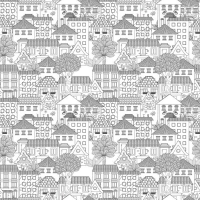 Behang Naadloze structuur met schattige huizen en bomen voor het kleuren boek