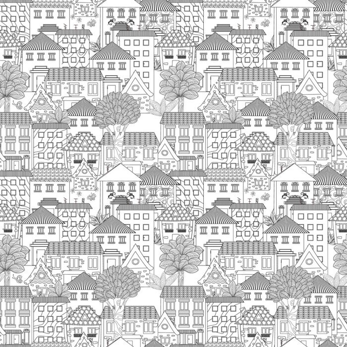 Behang Naadloze structuur met schattige huizen en bomen voor het kleuren boek