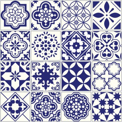 Behang Naadloze tegels patroon, Mediterrane bloemen mozaïek set, Lissabon naadloze marine blauw ornament
