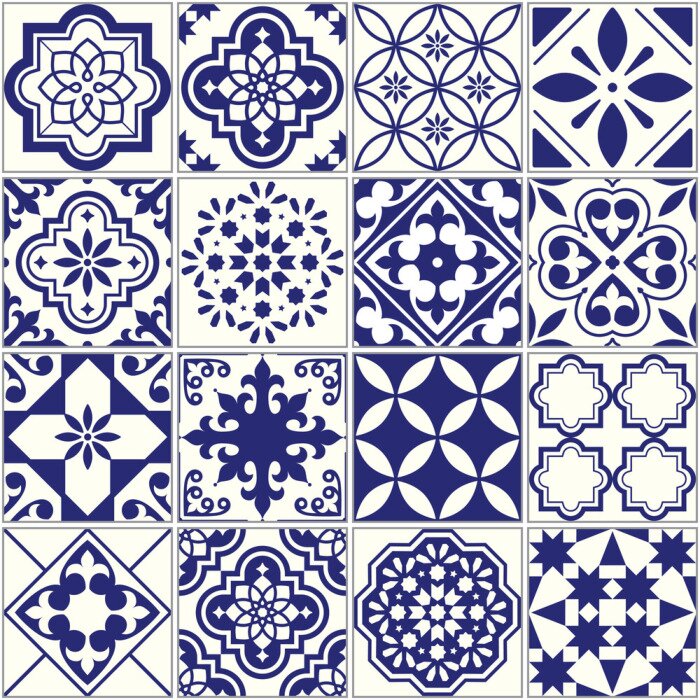 Behang Naadloze tegels patroon, Mediterrane bloemen mozaïek set, Lissabon naadloze marine blauw ornament