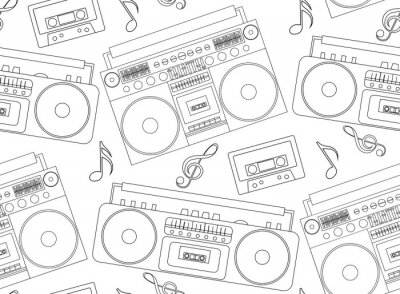 Behang Naadloze textuur met de contouren van de oude bandrecorders, boomboxes, cassette en muzieknoten. Vector achtergrond voor ontwerp muziek site, kaarten, behang en uw creativiteit