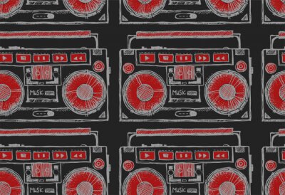 Behang Naadloze textuur met met de hand getekend boombox. Herhalende achtergrond. Tegel patroon. Ornament met old school platenspeler.