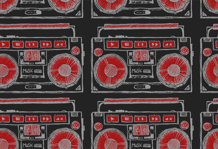 Behang Naadloze textuur met met de hand getekend boombox. Herhalende achtergrond. Tegel patroon. Ornament met old school platenspeler.