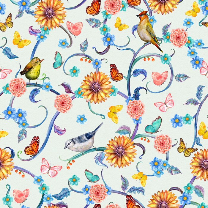 Behang naadloze textuur met mooie tropische flora en vogels. waterc