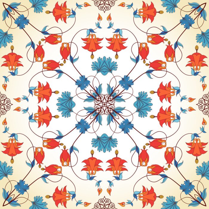 Behang Naadloze vector achtergrond. Uitstekend bloemenpatroon in moderne stijl. Aquilegia planten bevatten bloemen, knoppen en bladeren.