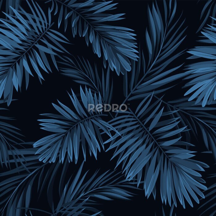 Behang Naadloze vector indigo blauw patroon met monstera palmbladeren op een donkere achtergrond. Summer tropisch weefsel design.