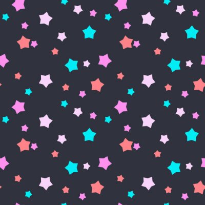 Naadloze vector patroon met mint, roze en blauwe sterren op donkere grijze achtergrond. Achtergrond voor kleding, productie, wallpapers, prenten, cadeaupapier en scrapbook.