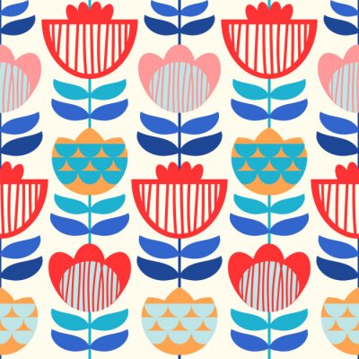 Behang Naadloze vector patroon met Scandinavische bloemen. Felle kleuren.