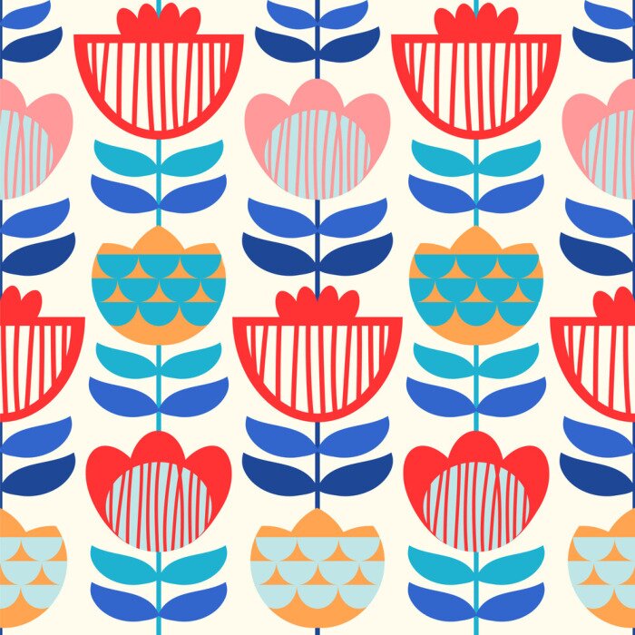 Behang Naadloze vector patroon met Scandinavische bloemen. Felle kleuren.