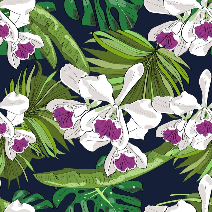 Behang Naadloze vector patroon van exotische hand getekende bloemen en bladeren. Tropische achtergrond.