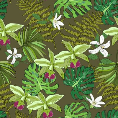 Behang Naadloze vector patroon van exotische vector getekende bloemen en bladeren. Tropische achtergrond.