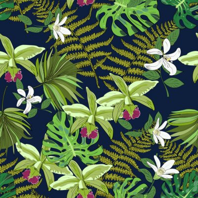 Behang Naadloze vector patroon van exotische vector getekende bloemen en bladeren. Tropische achtergrond.
