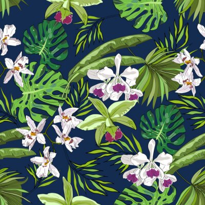 Behang Naadloze vector patroon van exotische vector getekende bloemen en bladeren. Tropische achtergrond.