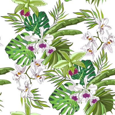 Behang Naadloze vector patroon van exotische vector getekende bloemen en bladeren. Tropische achtergrond.
