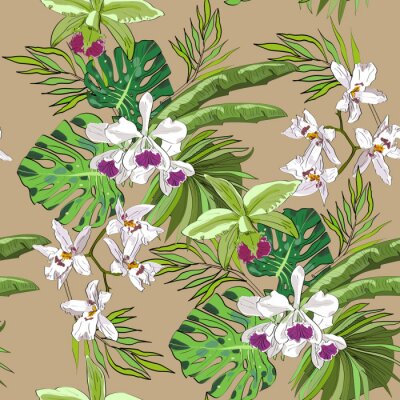 Behang Naadloze vector patroon van exotische vector getekende bloemen en bladeren. Tropische achtergrond.