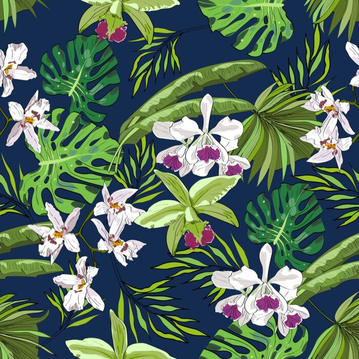 Behang Naadloze vector patroon van exotische vector getekende bloemen en bladeren. Tropische achtergrond.