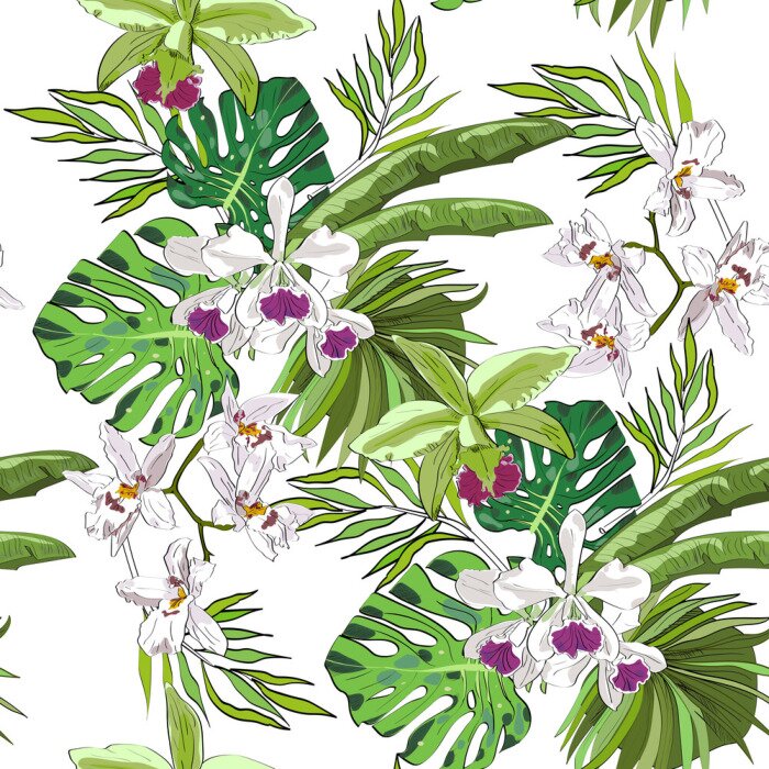 Behang Naadloze vector patroon van exotische vector getekende bloemen en bladeren. Tropische achtergrond.