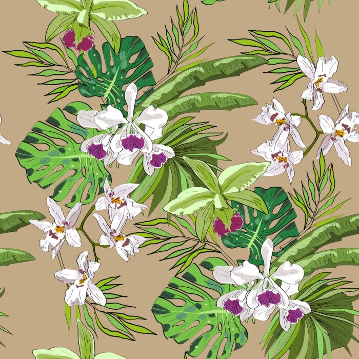 Behang Naadloze vector patroon van exotische vector getekende bloemen en bladeren. Tropische achtergrond.