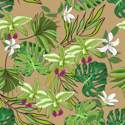 Behang Naadloze vector patroon van exotische vector met de hand getekende bloemen en bladeren. Tropische achtergrond.