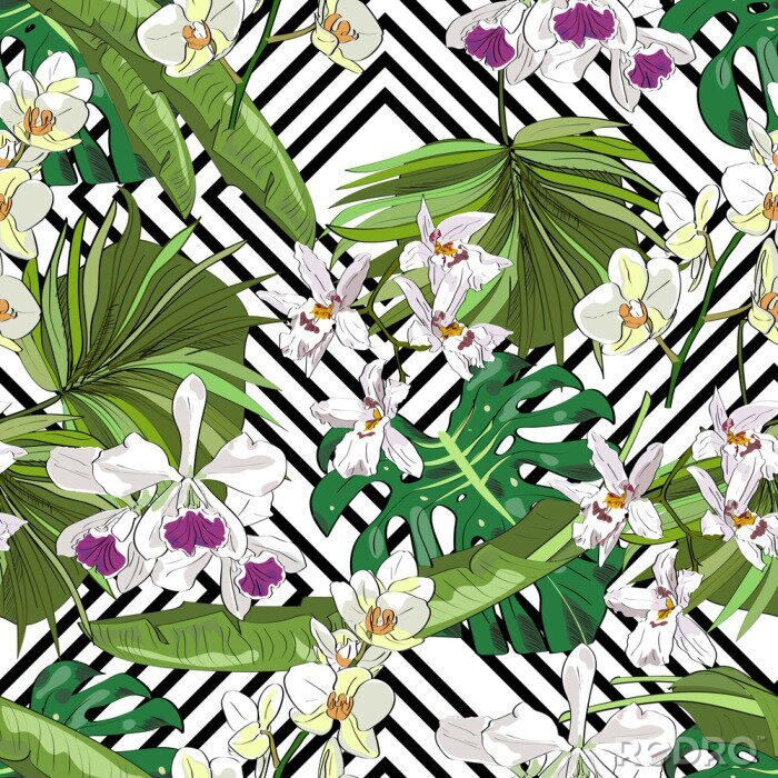 Behang Naadloze vector patroon van hand getekende bloemen en bladeren. Tropische achtergrond.